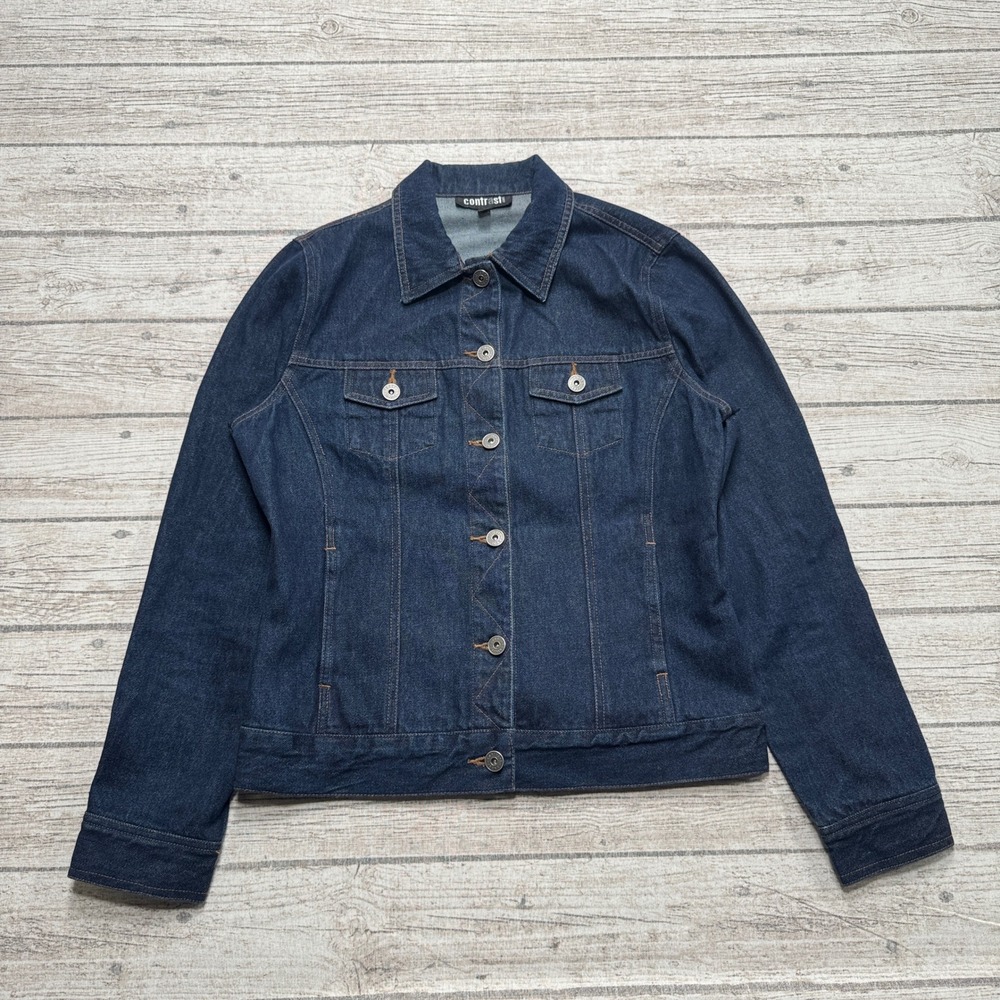 Contrast Jeans Jacket Women's Small Dark Blue Button Up Trucker Classic Workwear